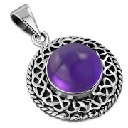 Round Amethyst Stone Celtic Knot Silver Pendant (P485AT)
